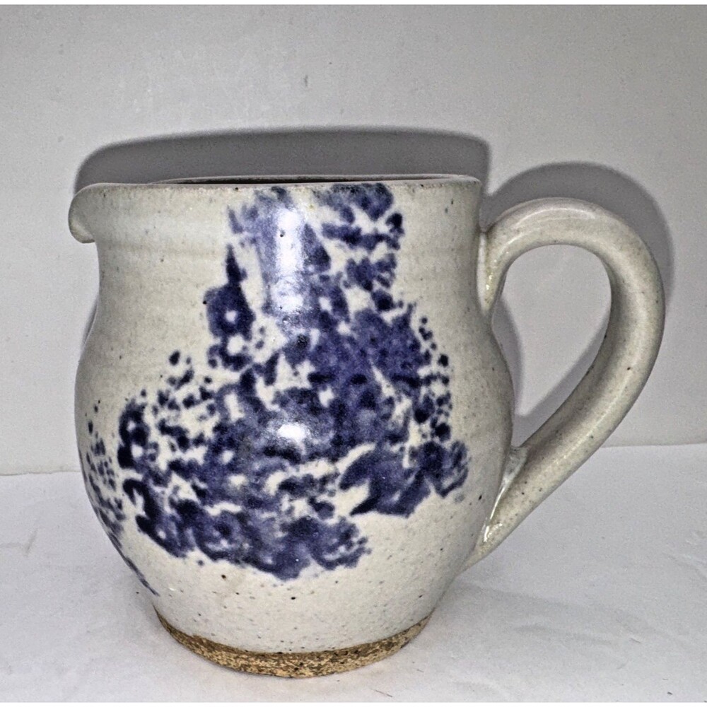 Studio Pottery Handmade Pitcher Signed  Blue White Cottagecore Farmhouse Organic